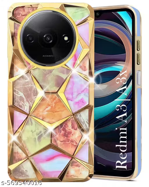 Redmi A3/A3x For Ladies Case Back Cover for Girls Soft TPU Fancy Stylish 3D Design Shiny Bling Dimond Cut Anti Slip Drop Protective Slim safety Case For Redmi A3/A3x - Golden