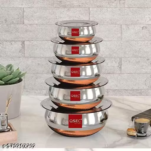 Stainless Steel Copper Handi (5-piec) with Lid |Serving Bowls Handi | Bottom Copper Handi Set with Lid (1500ml, 1100ml, 800ml, 600ml, 400ml)
