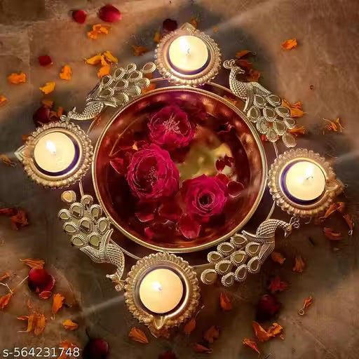 Shining Store Rakshabandhan, Navratra Diwali Diyas |Urli |Handcrafted Metal Decorative Bowl for Floating Flowers |Tea Light Candle Holders |Diwali Decorations |Diwali Candles (Peacock URLI 4 DIYAS), 10 Inches