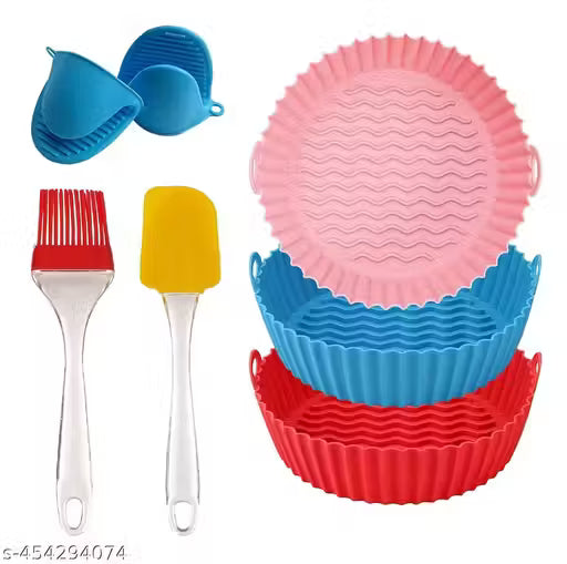 “Combo Set of 1”AirFryerSilicon Liners & 1 Pcs AirFryer Accessories - (3-5 Qt+) Food Grade Reusabl Siliconea Baskets/Pots/Liners with Oven Mitts, Basting Brush and Tongs Multi Color