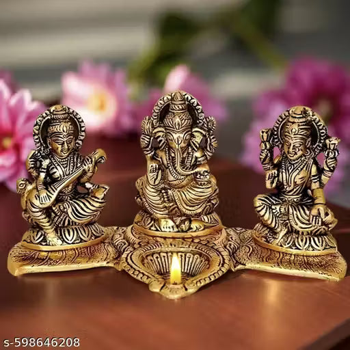 Golden Lakshmi Ganesh Saraswati Idol Set with Decorative Diya – Metal Pooja Showpiece for Home & Office, Gift Purpose