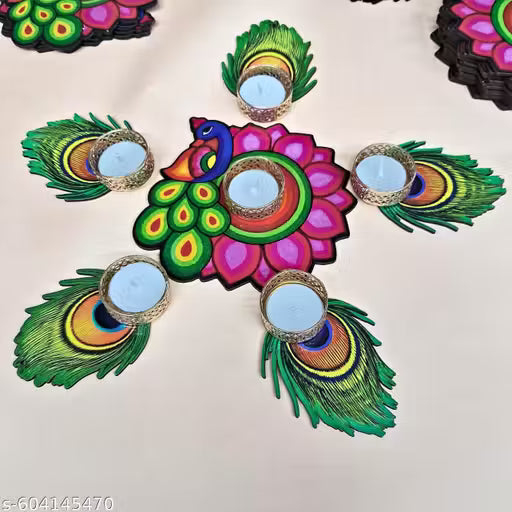 Alaukik Decorative Peacock Tealight Candle Holder Set, Mor Pankh Design, 6-Piece Floor Rangoli Diya Set, Traditional Home Decor