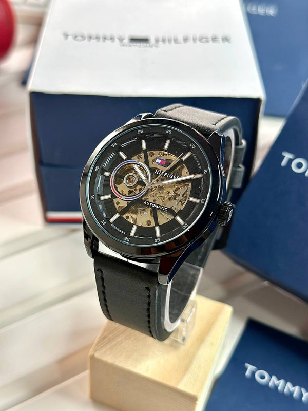 Tommy Hilfiger Men's Automatic Skeleton Dial Watch – Leather Strap, Luxury Gift Edition