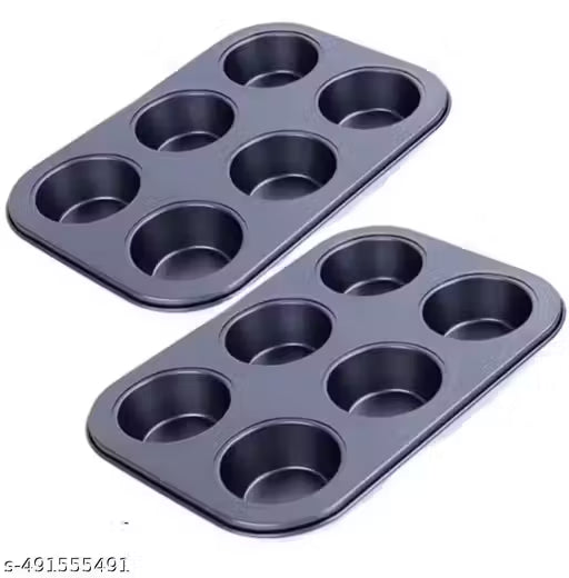 Muffin Cup Cake Tray for 6 Muffins, Cupcake, Baking Mould Tray, Brownie Muffin Tray, Non Stick Bakeware Tool - Black (pack of 2) Bakeware Moulds & Tins