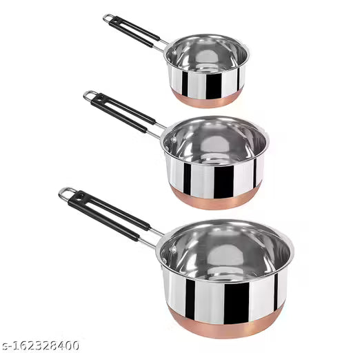 Stainless Steel Copper Bottom Sauce Pan Tea Pan Milk Pan Coffee pan Flat Base Tapeli Patila Induction Base 1, 1.5 and 2 Liter Sauce Pot Milk Boiler Cookware Set with Handle