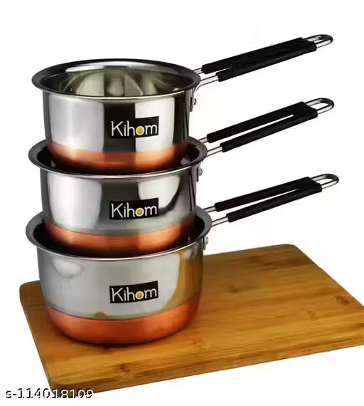 Milk Pan , Tea Pan , Sauce Pan , Bhagona Set, Cookware Set ( Copper Bottom - Stainless Steel ) 1.5-L,1-L,0.75L Capacity - INDUCTION BOTTOM