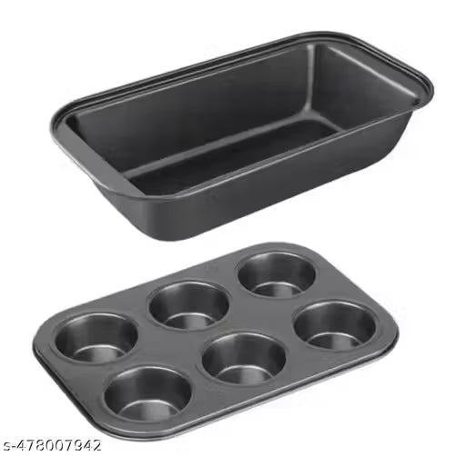 Set of 2 Popular Combo – Carbon Steel Non-Stick Bread Loaf Pan Tin Tray, 6 Cup Muffin Baking Tray & Cupcake Mould Baking Tray Tin Pan Set