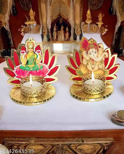 StayBuy™ Handmade Louts Laxmi & Ganesh Tealight Candle Holder For decoration/ Diwali decoration/ Table Top, Color-Red, Pack-02
