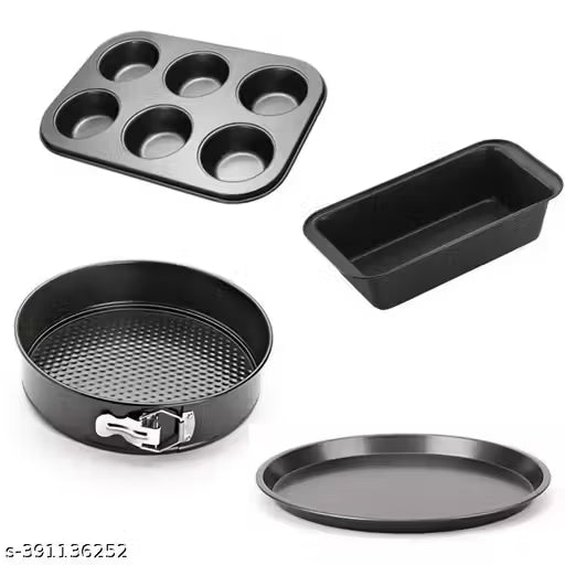 TrendyTrolley Cake Baking Combo 4 Pc set includes Round Cake Tin,Pizza Pan, Muffin Tray & Bred Loaf - 4 Pc Set