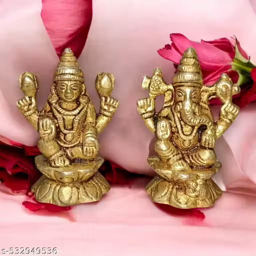 SJL Lakshmi Ganesh Idol for Pooja Room,Home ,Office & Car Dashboard|Vinayagar Laxmi Decorative Showpiece - 4 cm (Brass, Gold)