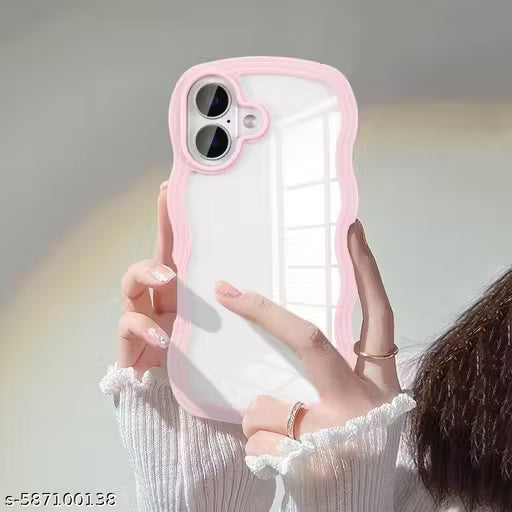 iPhone 16 Transparent Back Cover with Pink Wavy Edge | Cute Stylish Case for Girls