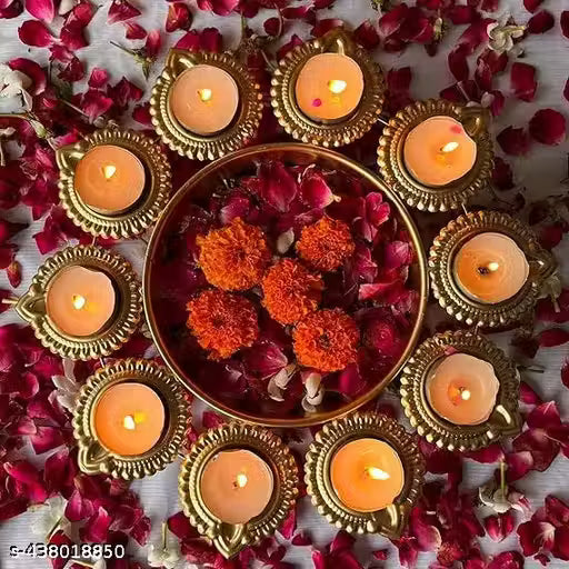 Diya with Flowers Decorative urli Bowl for Diwali Decoration,Home Decoration,tealight use, shaadi Decoration in 10 inch Size with 10 in 1 Diya Set in Golden Colour