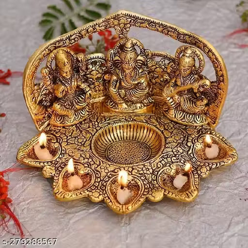 Laxmi Ganesh Sarawati With 5 Diya Set For Home,Temple,Office And Gifting Purpose Luck, Happiness and Prosperity Metal Size L-B-H-20x13x12.5 cm