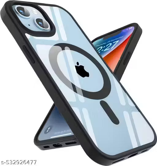 iPhone 13 | Mag-Safe Wireless Charging | Designed with Magnetic Lock Shockproof Phone Bumper Transparent Back Case Cover (Black) Cover