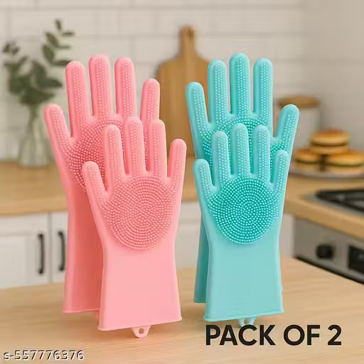 Reusable Silicone Scrubber Cleaning Gloves for Kitchen Dishwashing, Car & Pet – Heat Resistant Hand Gloves for Women & Men (Pack of 2 Pair)