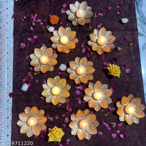 Set of 10 Golden Leaf Design Tealight Candle Holders | Decorative Diya Stand for Diwali, Pooja & Home Decor