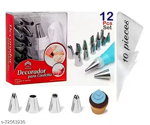 Cake making Icing Nozzles Set of 12 Cake Decoration Pastry Nozzle with Coupler and Icing Bag...2) PLASTIC PIPING BAG(10 PIECE)(FREE)