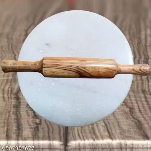 White Marble Chakla with Wooden Belan/Rolling Pin Board/Roti Maker/Chakla Belan/Chapati Maker for Kitchen | Full Finished Marble Roti Maker with belan (white Chakla with belan)