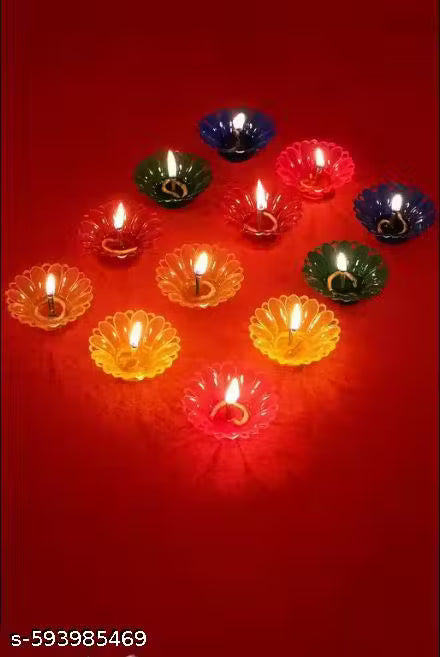 12 Pack Beautiful Multicolor 3D Reflection Oil Diyas | Decorative Festival Lights for Diwali, Pooja & Home Décor