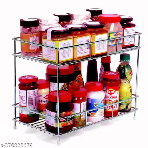 SPARK HOMES Multipurpose Storage Organizer Stainless Steel 2 Layer Storage Organizer Rack for Kitchen Standing Rack Shelf Storage Holder Kitchen Rack/Spice Shelf/Kitchen Racks/Pantry Storage Organizer/Spice Rack Set for Kitchen/(Silver-Chrome)