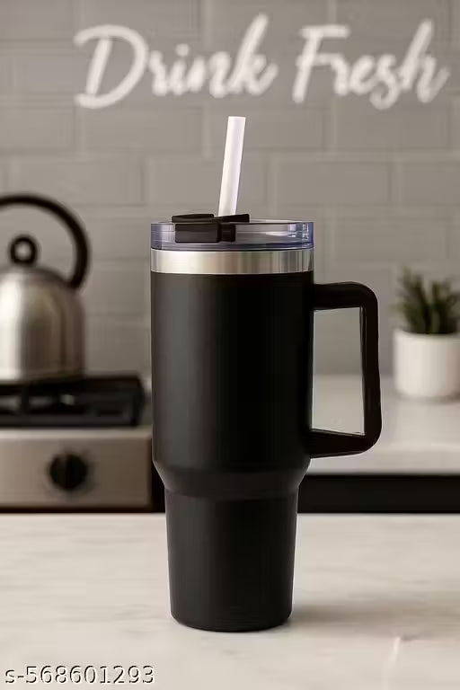 1200ML Black Stainless Steel Travel Tumbler with Handle & Straw | Leak-Proof Stainless Steel Mug, Big Size Tumbler with Straw,Black Matte Travel Mug