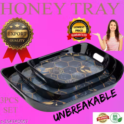 Serving Tray Set of 3 Pcs with Rectangular Shape and Printed Design, Pack of 3 Tray Set -(Large, Medium and Small SIZE)(HONEY COMB TRAY004)