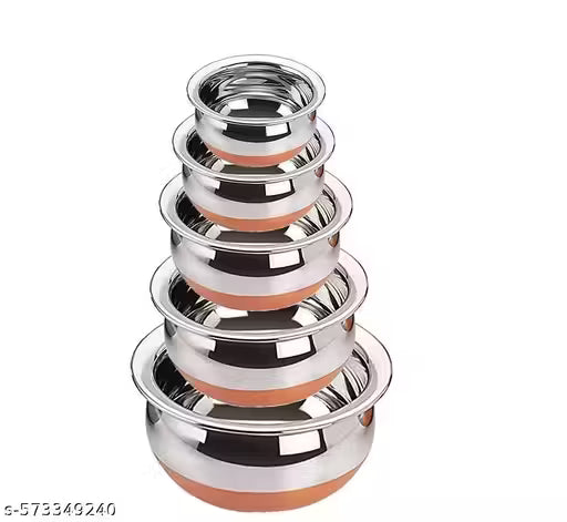 GEATNYWAY Stainless Steel Copper Bottom 5 Pic Handi Pot Set,Vegetable Bowl ,Cooking Dinner Table Serving Biryani Pot Handi Kadhai