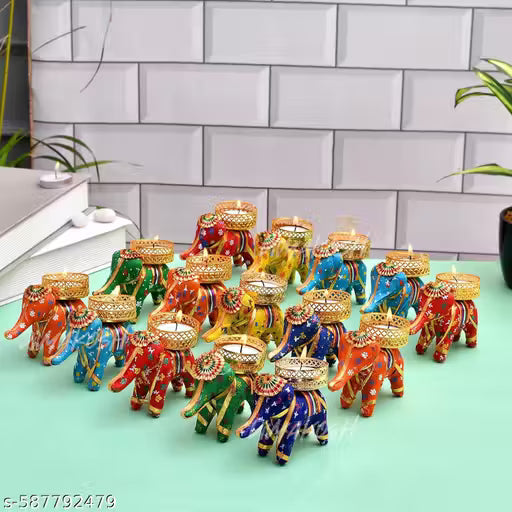 PACK OF 8 Handcrafted Colorful Elephant Tealight Candle Holders – Set of Decorative Rajasthani Tea Light Stands for Home, Diwali & Festive Décor