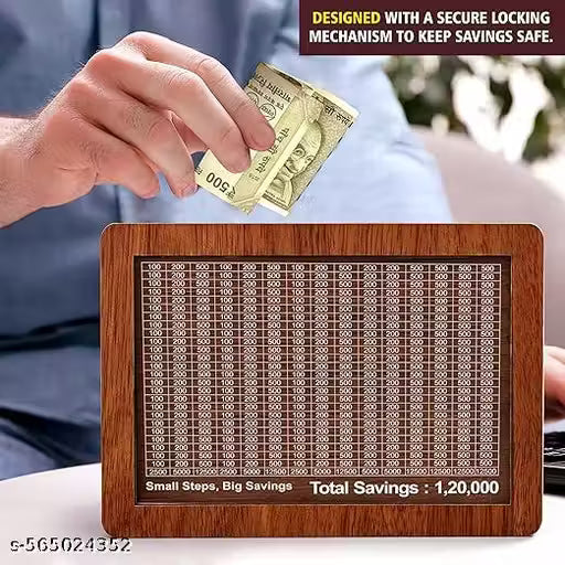 Wooden Moneey Piggy Bank, Moneey Saving Boxx, Gullak with Savings Chart, 120000 Rupeess Goal Tracker, Cash Collection Bank for Kids and Adults DS-04