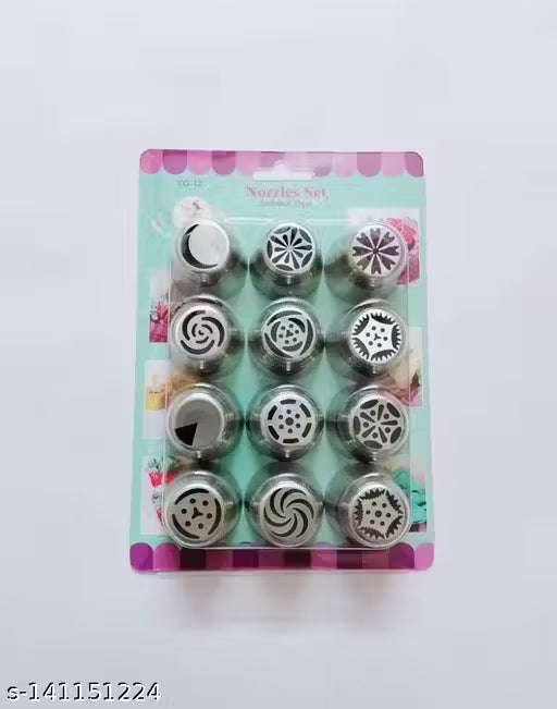 AL ATASH 12 Pcs Russian Nozzles Set | Stainless Steel Reusable Decorating Nozzles Set | Russian Ruffle Skirt Icing Piping Tips | Cake Decorating Tool