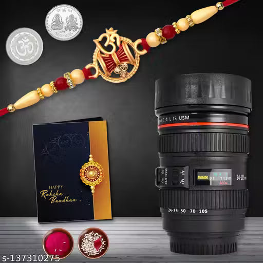 Periapt Om Designer Rakhi Set Of 1 With Camera Lens Coffee Mug & Silver Color Pooja Coin|Roli Chawal & Greeting Card| Occasion
