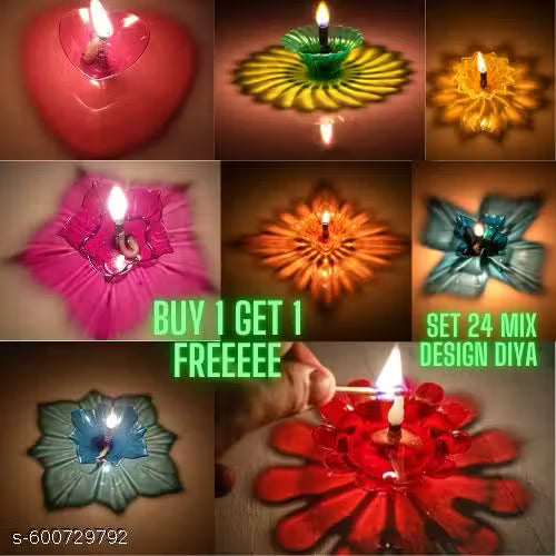 Pack of 24 Culture Crafts™ Multicolour 3D Reflection Reusable Designer Diwali Oil Diya Combo Made with High Quality Transparent Plastic for Dipawali and Home Decoratin - With 24 Wicks(Bati)/diwali diya/water diya/decor