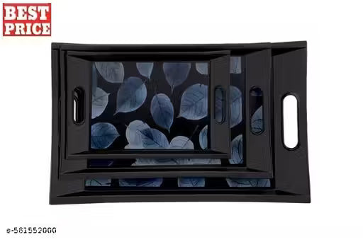Designer Kitchen Serving Classic Black Design Tray | Food-Grade, Durable Plastic with Glossy Finish | BPA-Free, Easy-to-Clean | Perfect for Tea, Coffee, Snacks, Breakfast, and Dining | Décor | Blue Leafs in Black [ SET OF 3 ]