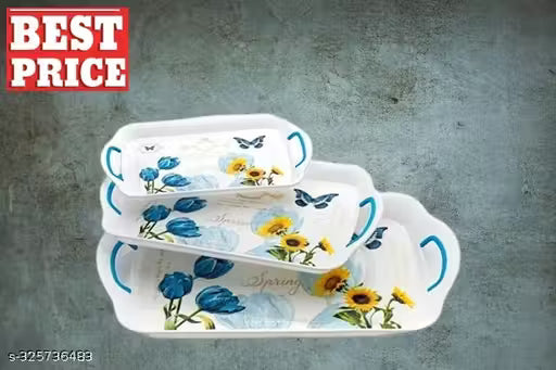 UNICEPT Serving Tray Set with Rectangular Shape, Printed Design, Natural, Pack of 3 Tray Set - Large, Medium, Small