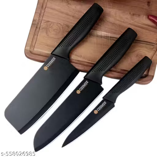 Professional Kitchen Knife Set, Stainless Steel, 3 Pieces, Non-Slip Ergonomic Handle, Sharp, Manual Sharpening, Black