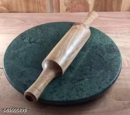 Green Marble Roti Maker with Wooden Belan/White Marble Chakla Diameter with Belan Rolling Pin Rolling Pin & Board (Pack of 2)