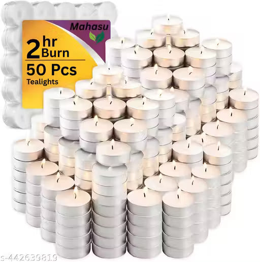 Mahasu Tealight Candles – Unscented | Long-Lasting | Smokeless | Multipurpose – Pack of 50